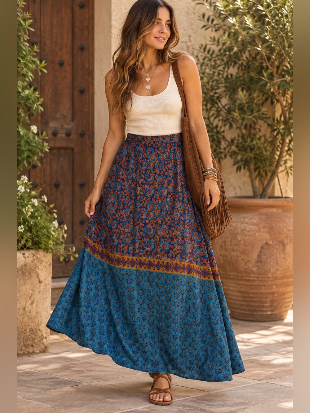 Natural Life Amy Maxi Skirt Teal Boho Floral large Bohemian Art to wear eclectic